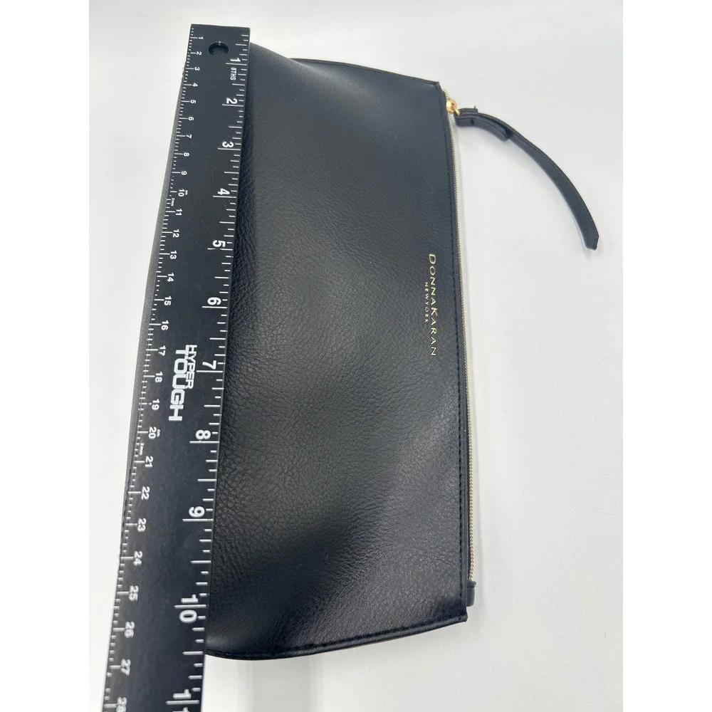 Donna Karan New York Black Pebbled Faux Leather Cosmetic Bag Gold Zip Pouch
